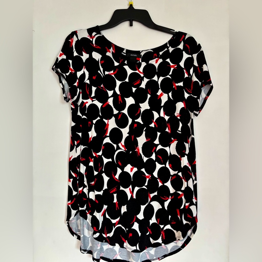 Alfani Black White Polka Dot Tee with Red Brush Accents